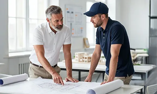 Zwei M&auml;nner bei der Lichtplanung